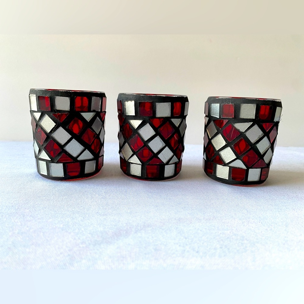 3- Mosaic Glass Candle Holders Red/Black‎ 3inch Hand Made